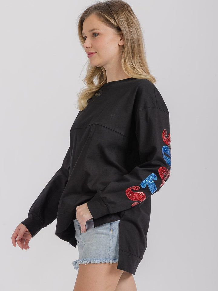 WOMEN'S LONG SLEEVE HIGH-LOW GRAPHIC PATRIOTIC SHIRT