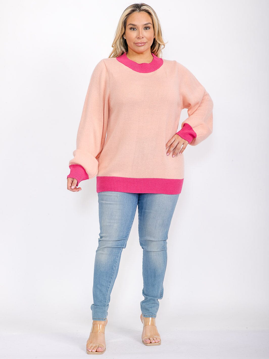 PLUS SIZE LONG SLEEVE COLORBLOCK PULLOVER SWEATER
