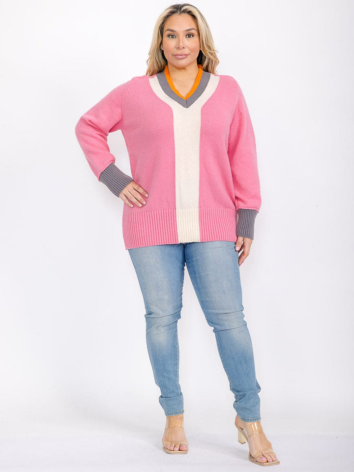 PLUS SIZE LONG SLEEVE V-NECK COLORBLOCK PULLOVER SWEATER