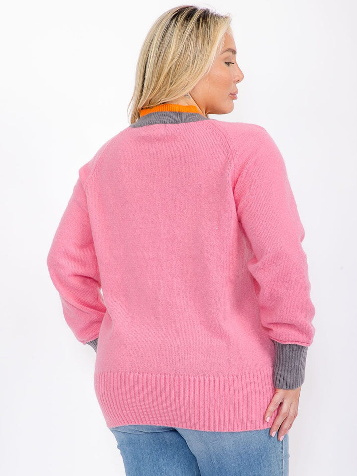 PLUS SIZE LONG SLEEVE V-NECK COLORBLOCK PULLOVER SWEATER