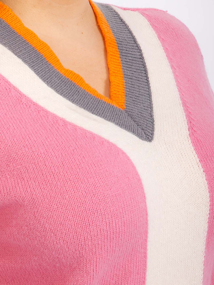 PLUS SIZE LONG SLEEVE V-NECK COLORBLOCK PULLOVER SWEATER