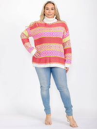 PLUS SIZE LONG SLEEVE TURTLE NECK MULTI PRIT COLORBLOCK STRIPES PULLOVER SWEATER