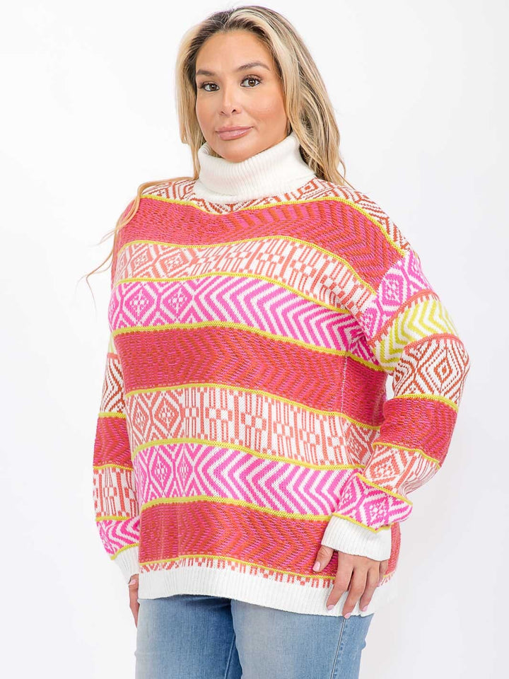 PLUS SIZE LONG SLEEVE TURTLE NECK MULTI PRIT COLORBLOCK STRIPES PULLOVER SWEATER