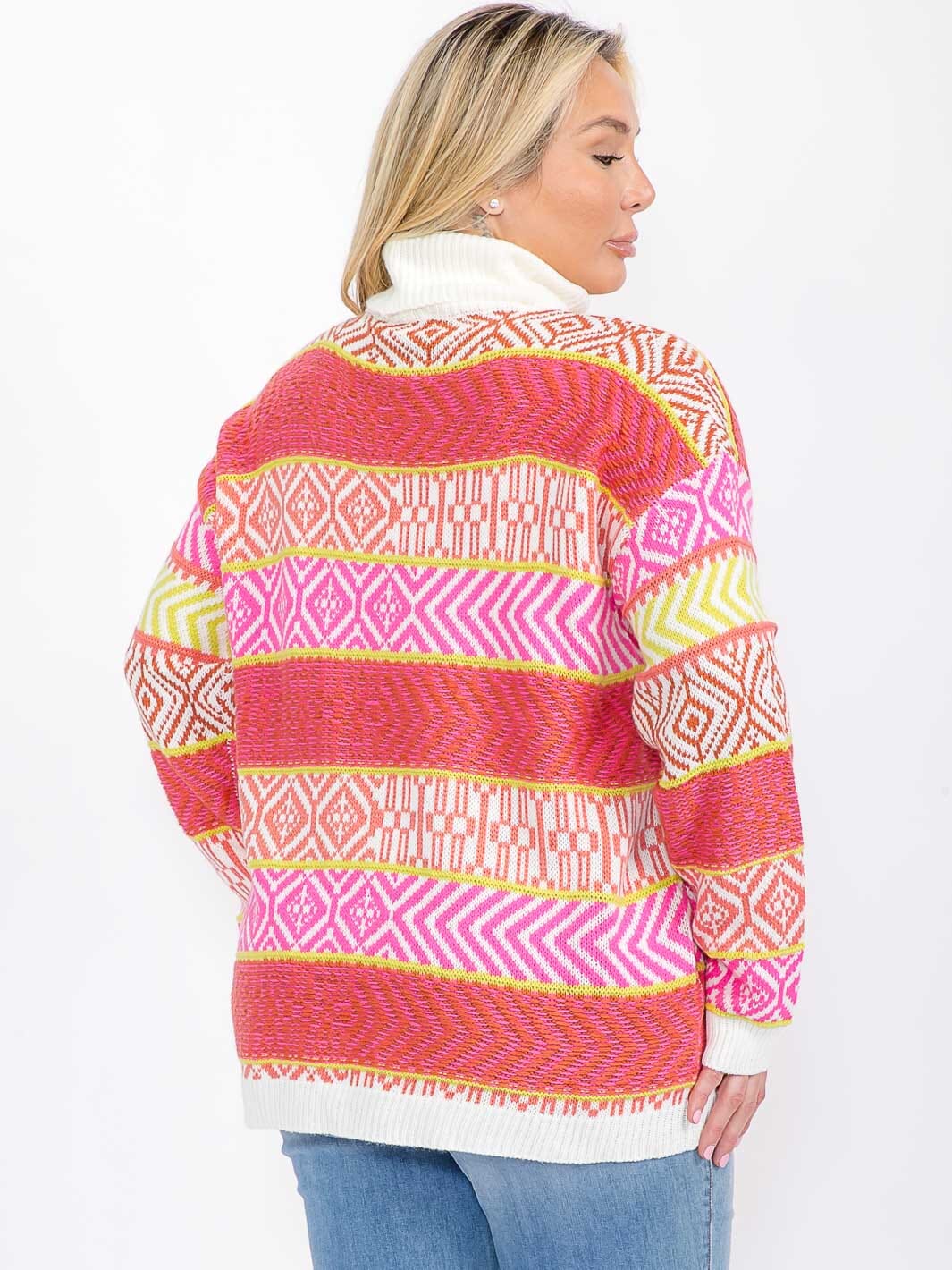 PLUS SIZE LONG SLEEVE TURTLE NECK MULTI PRIT COLORBLOCK STRIPES PULLOVER SWEATER