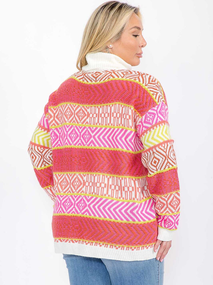 PLUS SIZE LONG SLEEVE TURTLE NECK MULTI PRIT COLORBLOCK STRIPES PULLOVER SWEATER