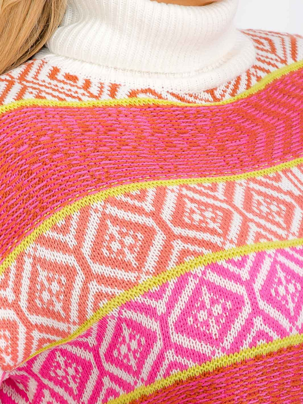 PLUS SIZE LONG SLEEVE TURTLE NECK MULTI PRIT COLORBLOCK STRIPES PULLOVER SWEATER
