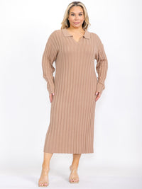 PLUS SIZE LONG SLEEVE V-NECK RIBBED MAXI DRESS