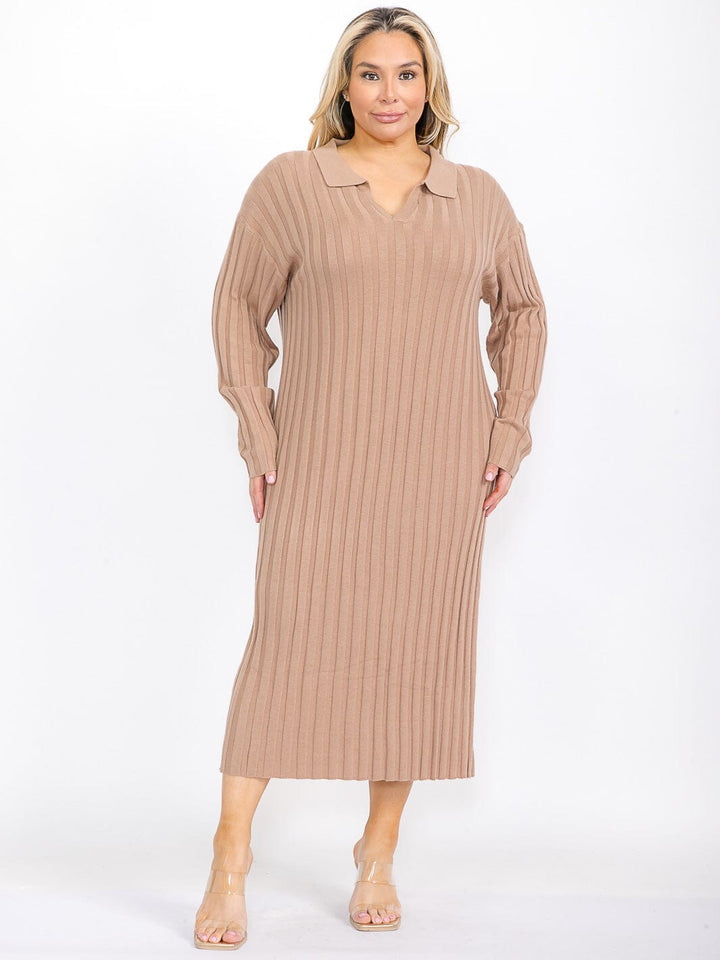 PLUS SIZE LONG SLEEVE V-NECK RIBBED MAXI DRESS