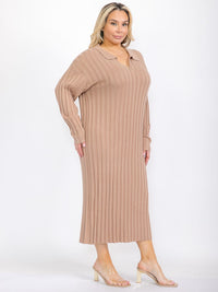 PLUS SIZE LONG SLEEVE V-NECK RIBBED MAXI DRESS