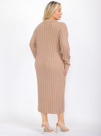 PLUS SIZE LONG SLEEVE V-NECK RIBBED MAXI DRESS