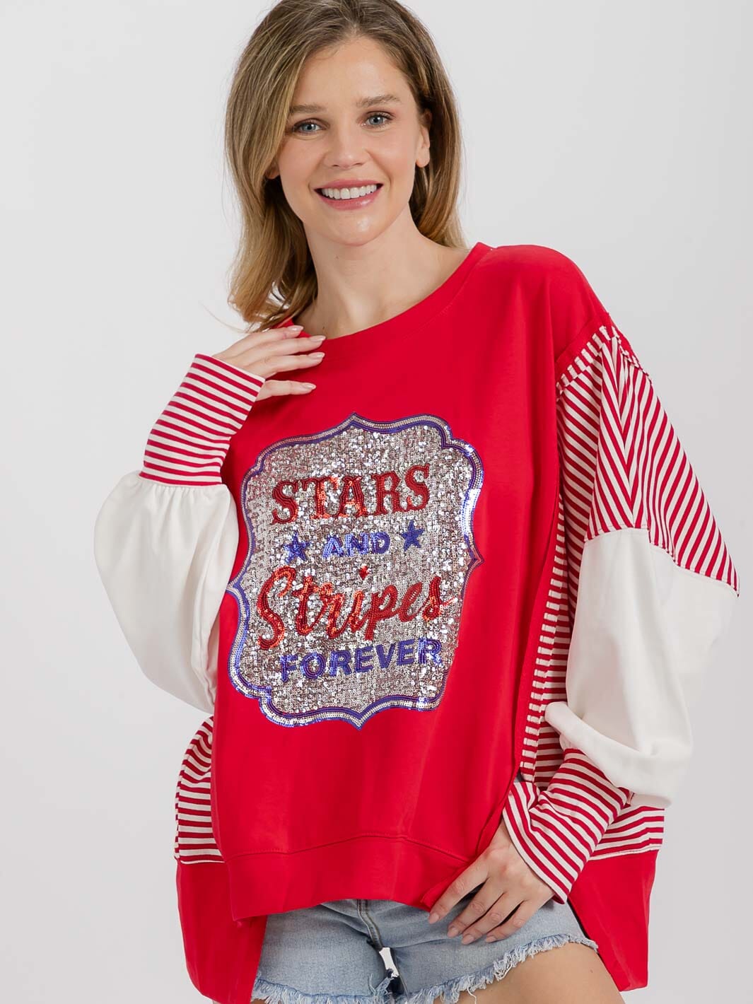 WOMEN'S LONG SLEEVE HIGH-LOW GRAPHIC PATRIOTIC SHIRT