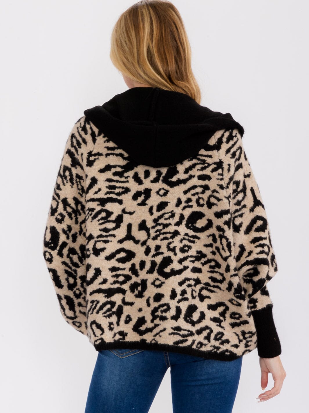 WOMEN'S LONG SLEEVE OPEN FRONT HOODED ANIMAL PRINT CARDIGAN