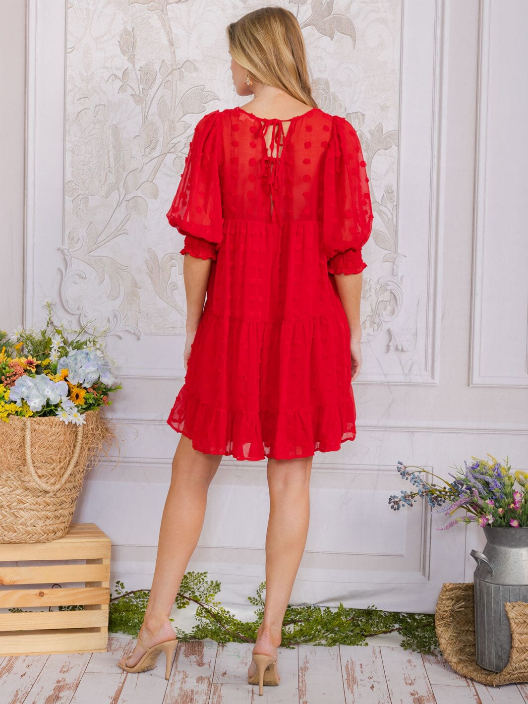 WOMEN'S 3/4 SLEEVE SWISS DETAILED TUNIC TIERED MINI DRESS