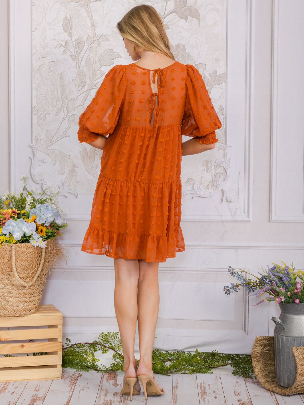 WOMEN'S 3/4 SLEEVE SWISS DETAILED TUNIC TIERED MINI DRESS