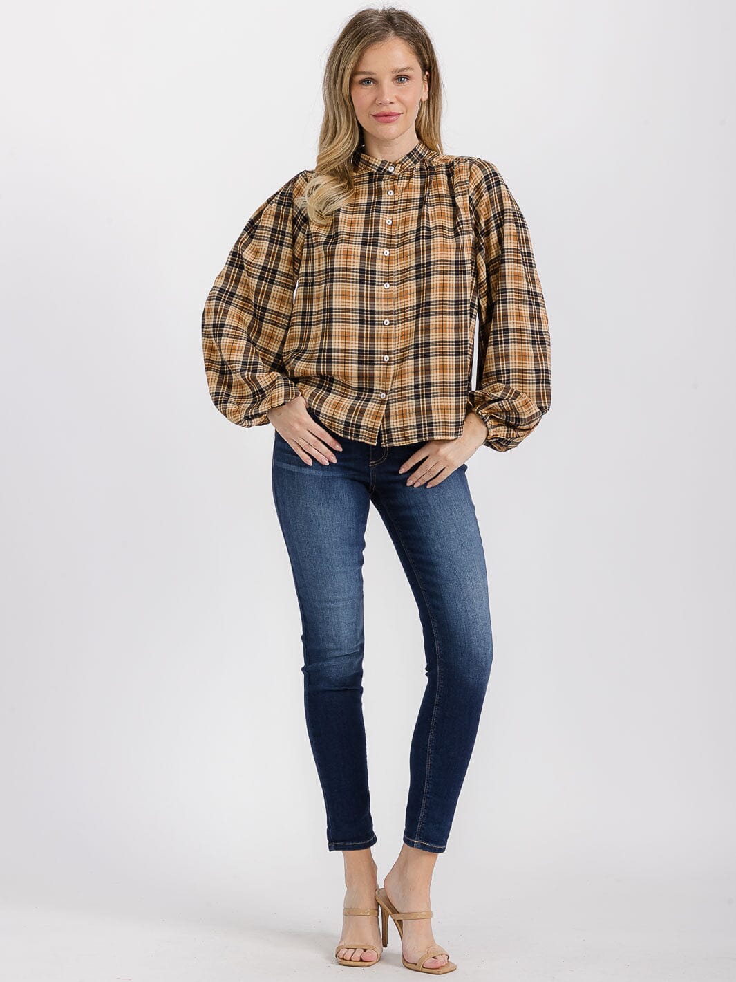 WOMEN'S LONG SLEEVE BUTTON UP PLAID BLOUSE