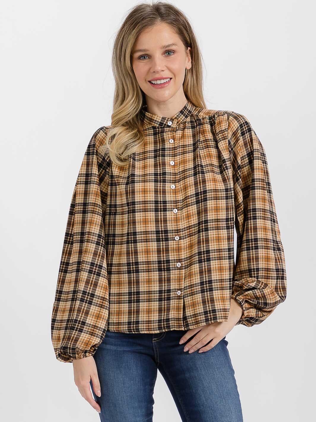 WOMEN'S LONG SLEEVE BUTTON UP PLAID BLOUSE