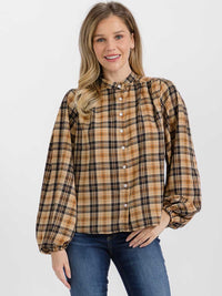 WOMEN'S LONG SLEEVE BUTTON UP PLAID BLOUSE