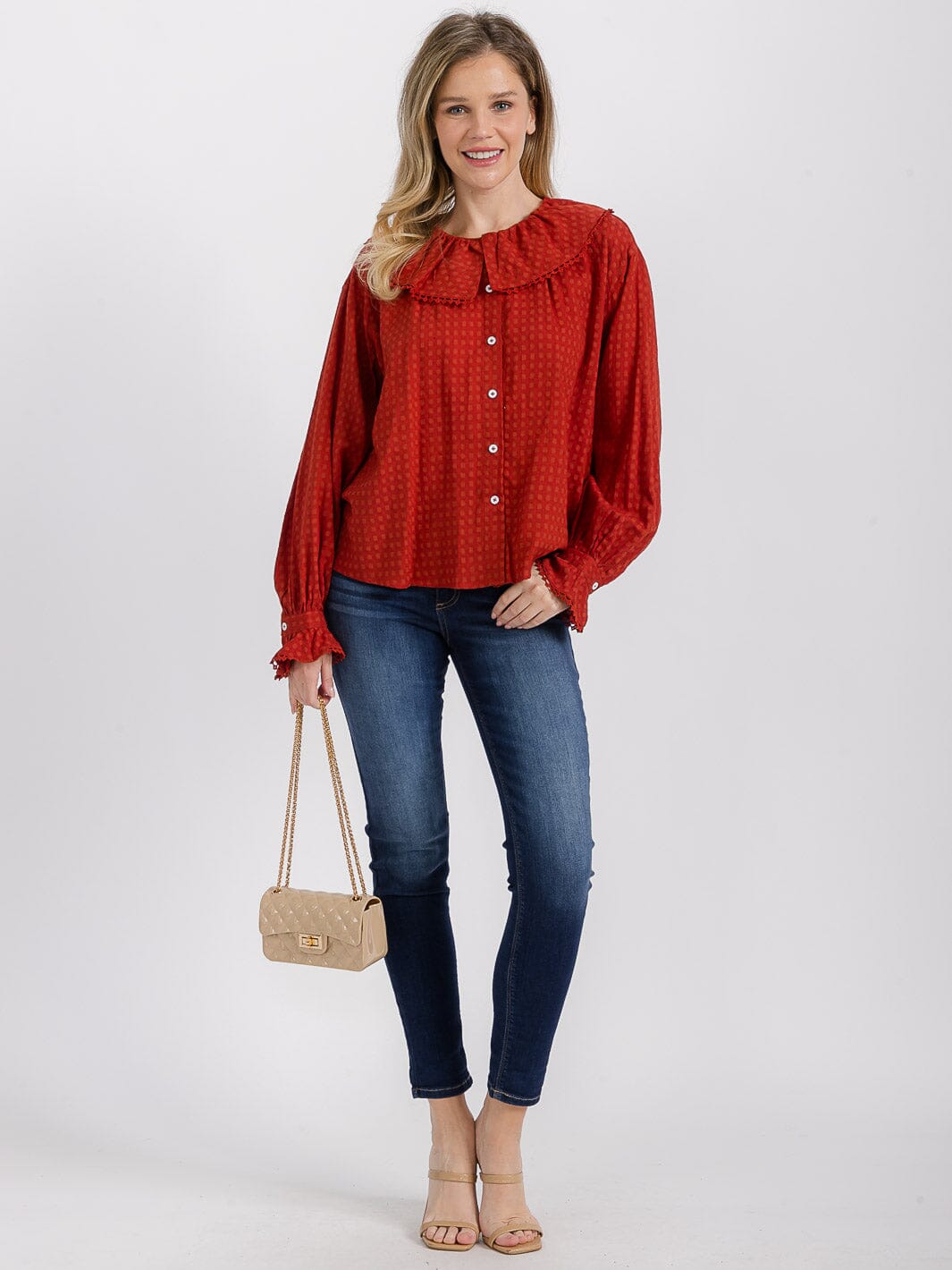 WOMEN'S LONG SLEEVE BUTTON UP DETAILED BLOUSE