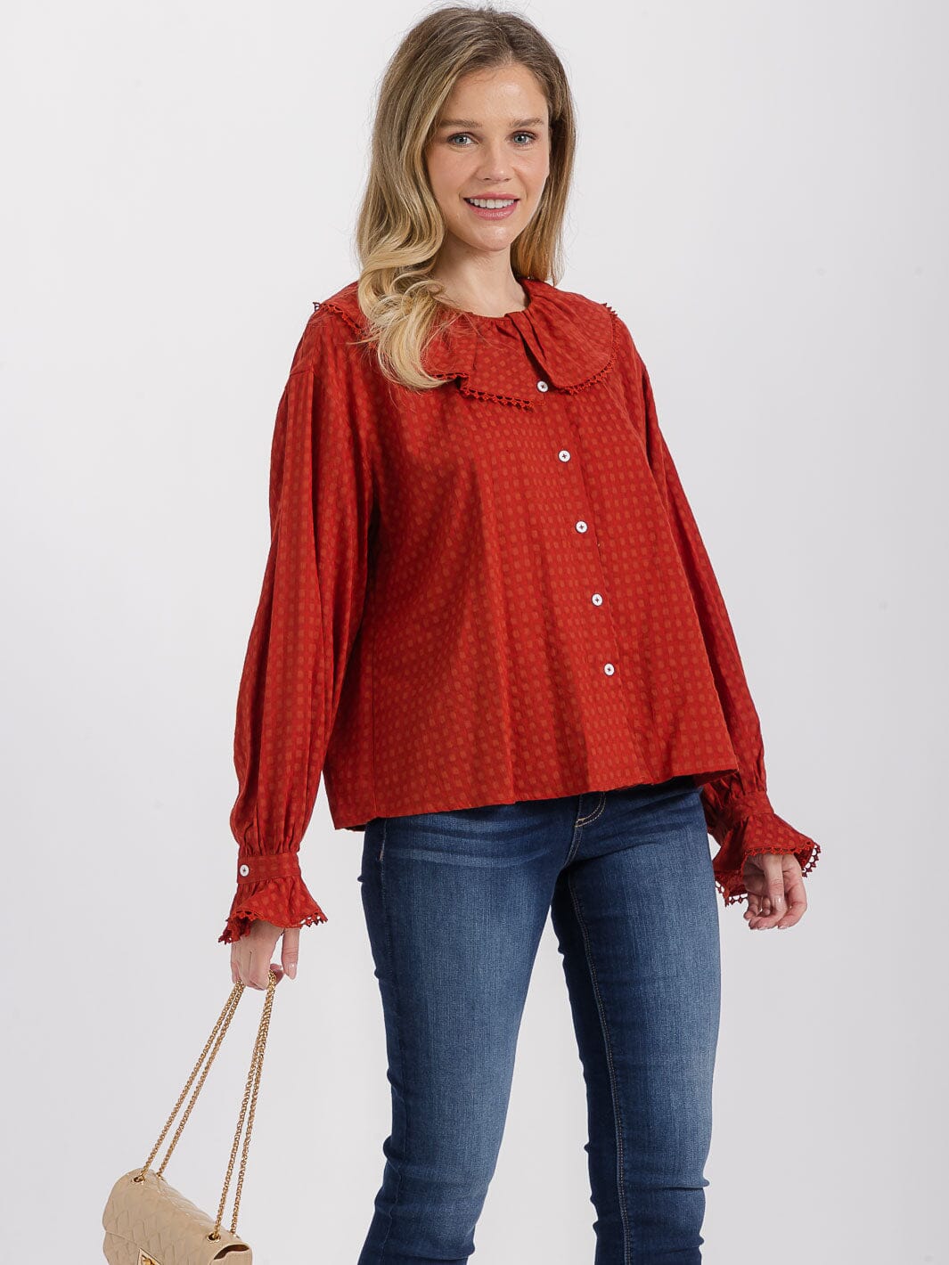 WOMEN'S LONG SLEEVE BUTTON UP DETAILED BLOUSE