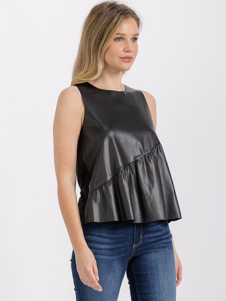 WOMEN'S SLEEVELESS PU PLEATHER CONTRAST TANK TOP