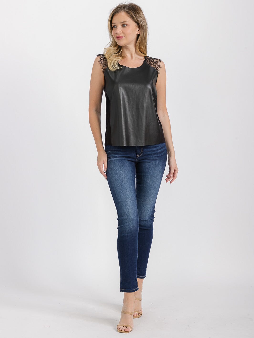 WOMEN'S SLEEVELESS PU PLEATHER LACE CONTRAST TANK TOP