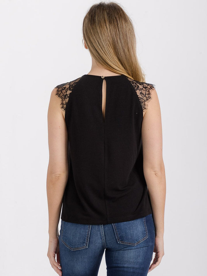 WOMEN'S SLEEVELESS PU PLEATHER LACE CONTRAST TANK TOP