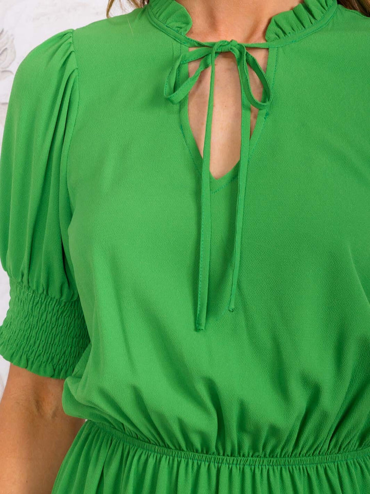 WOMEN'S SHORT SLEEVE V-NECK ELASTIC WAIST TIERED MINI DRESS