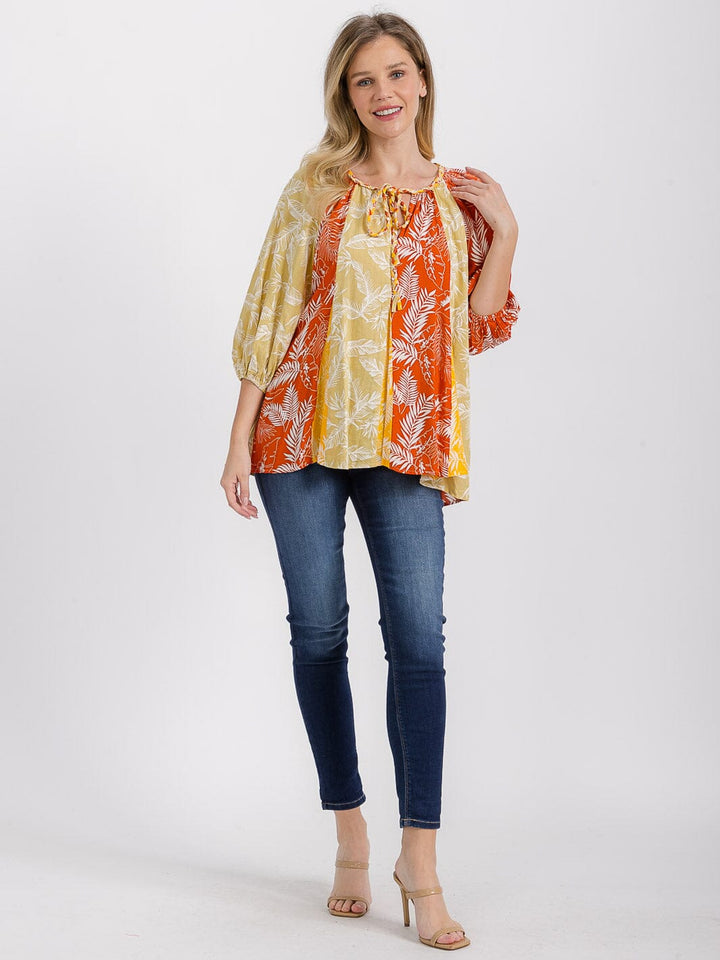 WOMEN'S 3/4 SLEEVE V-NECK LEAF PRINT TUNIC BLOUSE