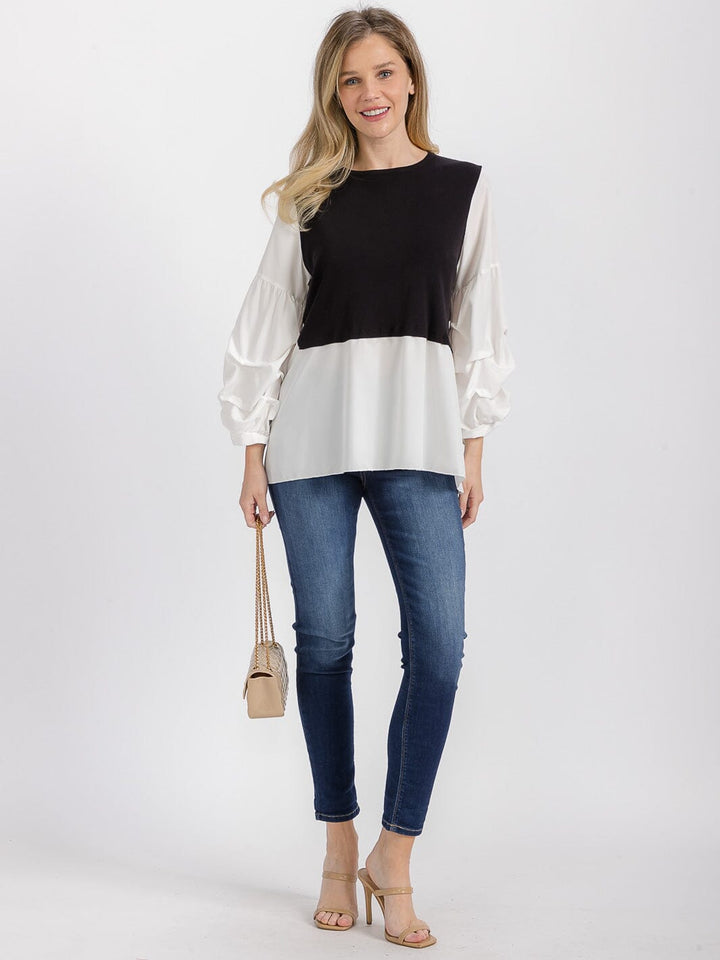 WOMEN'S LONG RUCHED SLEEVE BACK TIE COLORBLOCK TUNIC BLOUSE