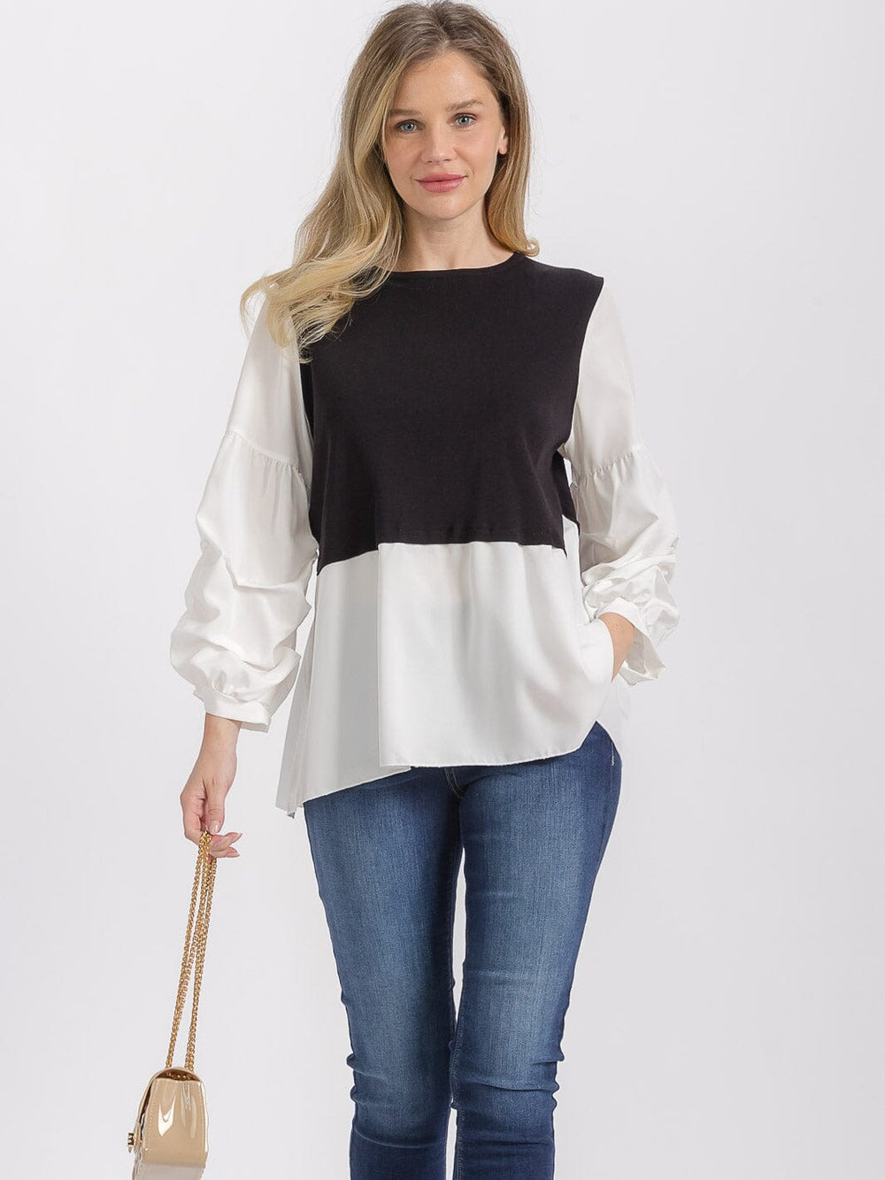 WOMEN'S LONG RUCHED SLEEVE BACK TIE COLORBLOCK TUNIC BLOUSE