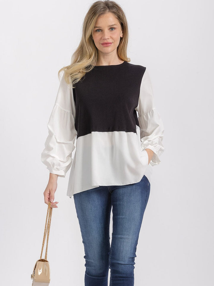 WOMEN'S LONG RUCHED SLEEVE BACK TIE COLORBLOCK TUNIC BLOUSE