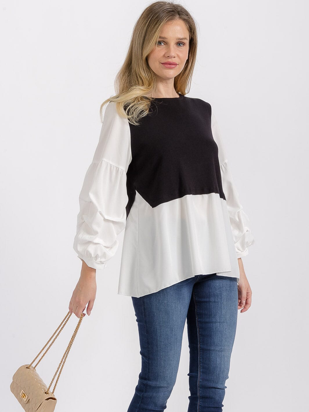 WOMEN'S LONG RUCHED SLEEVE BACK TIE COLORBLOCK TUNIC BLOUSE