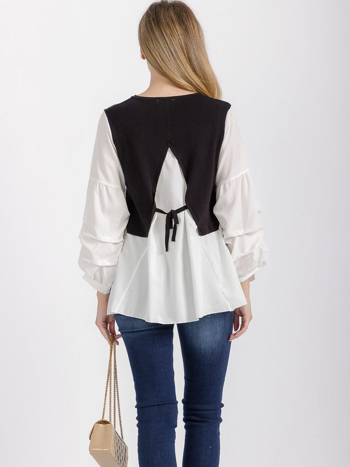 WOMEN'S LONG RUCHED SLEEVE BACK TIE COLORBLOCK TUNIC BLOUSE