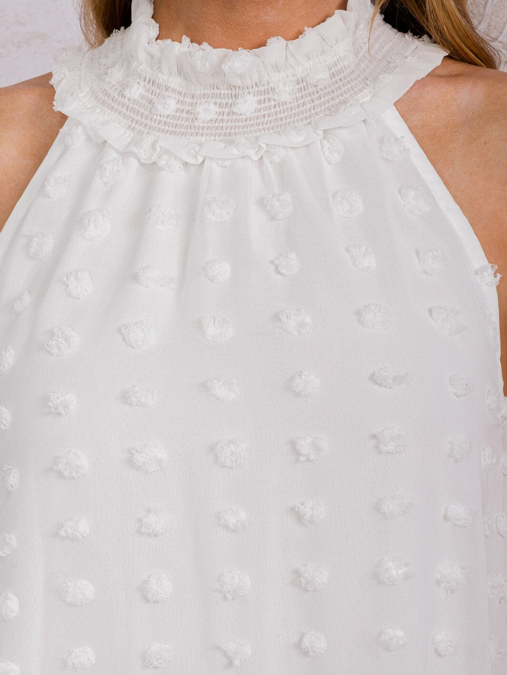 WOMEN'S SLEEVELESS HELTER NECK SWISS DETAILED MINI DRESS