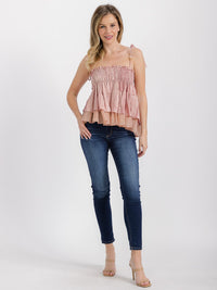 WOMEN'S SLEEVELESS SMOCK TIERED RUFFLE HIGH-LOW TANK TOP