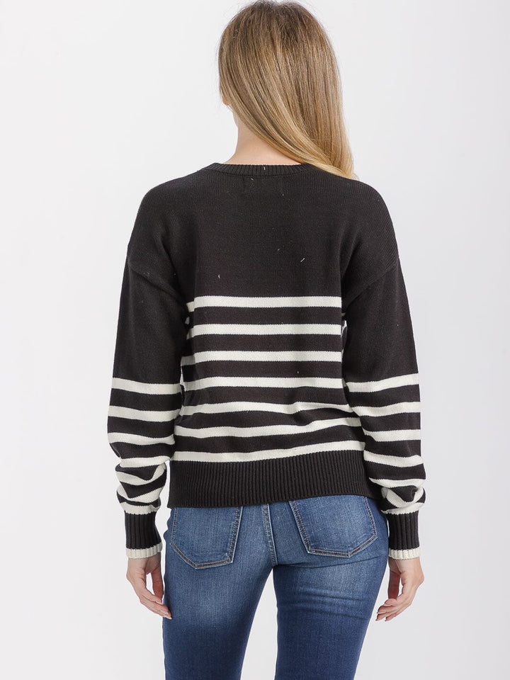 WOMEN'S LONG SLEEVE FRONT COLORBLOCK STRIPES PULLOVER SWEATER