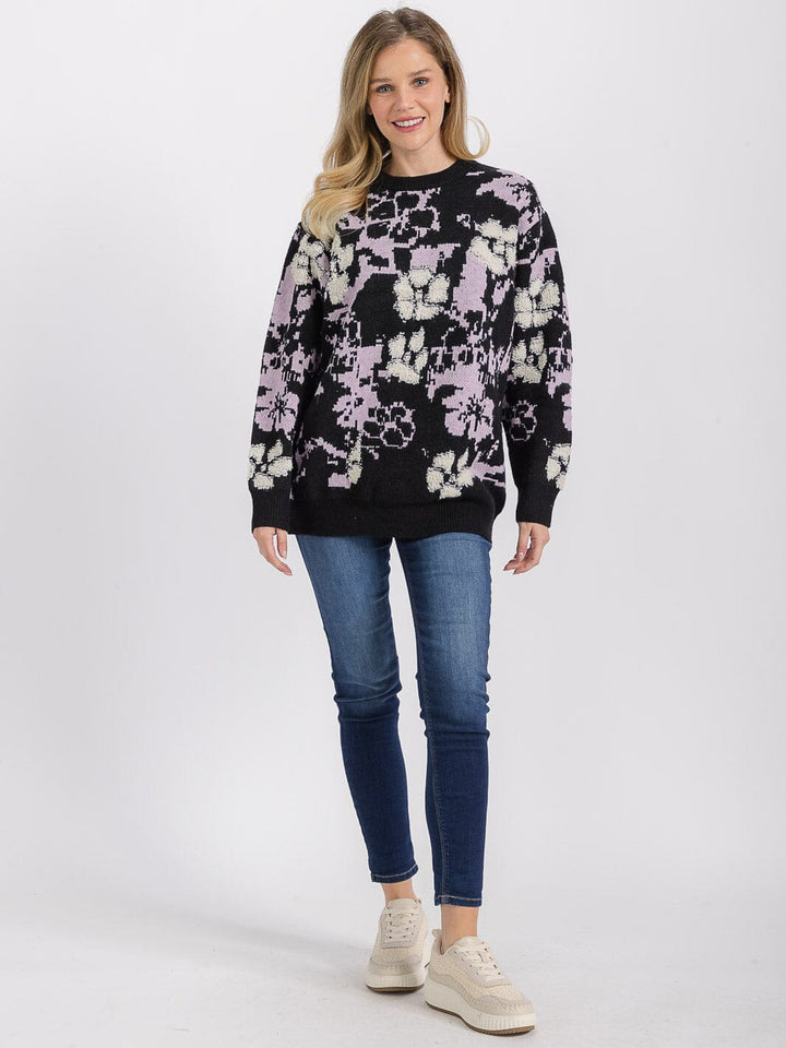 WOMEN'S LONG SLEEVE FLORAL PRINT PULLOVER SWEATER