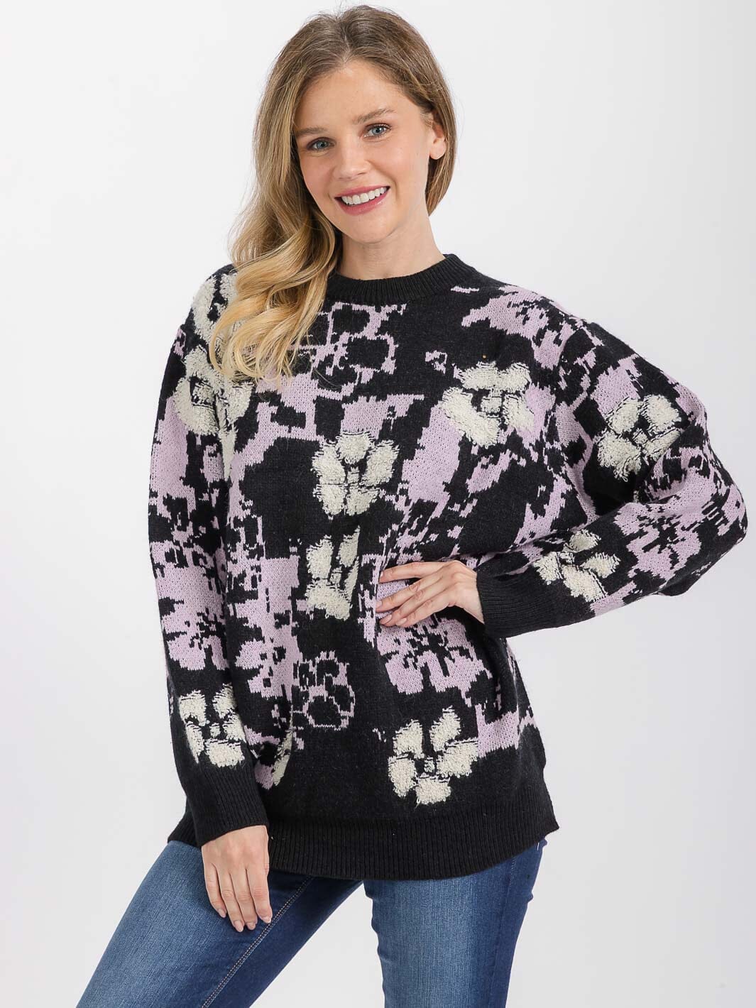 WOMEN'S LONG SLEEVE FLORAL PRINT PULLOVER SWEATER