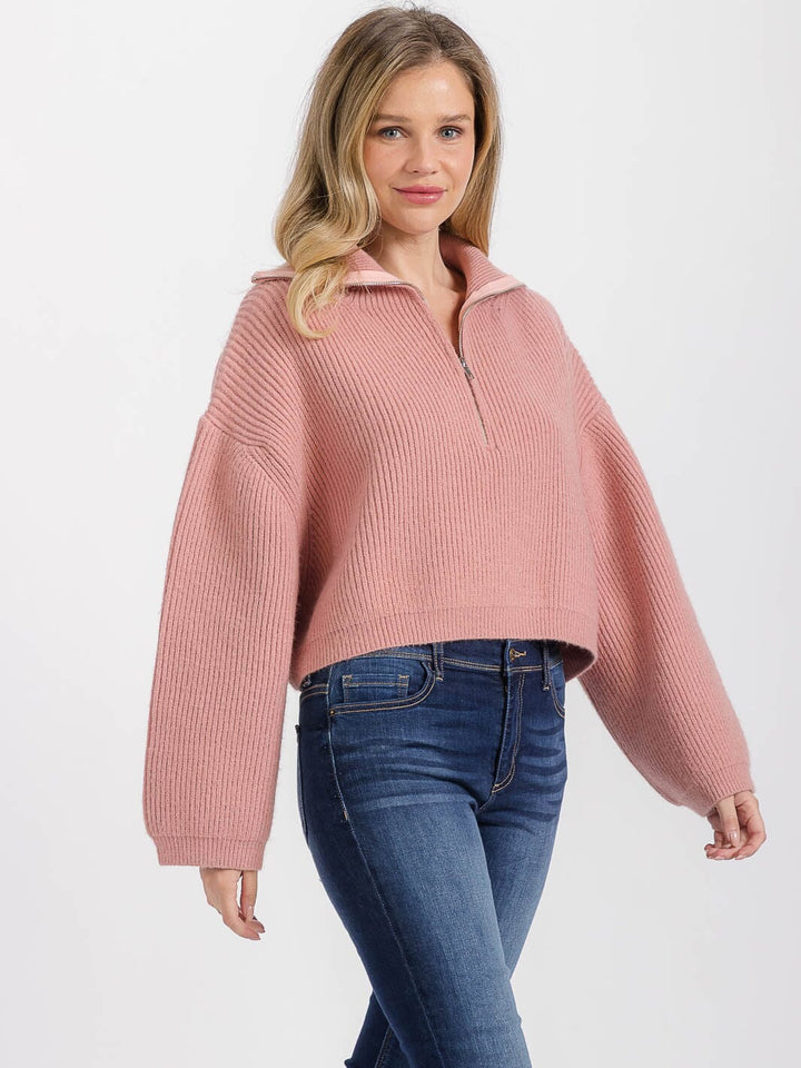 WOMEN'S LONG SLEEVE ZIP UP RIBBED PULLOVER SWEATER