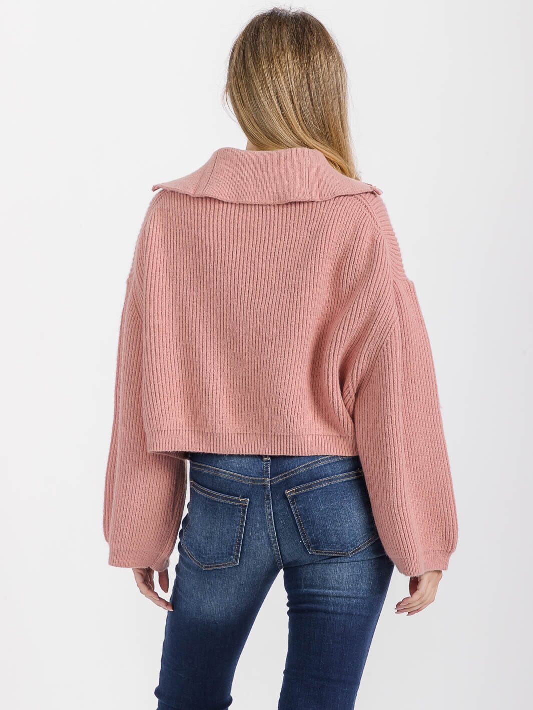 WOMEN'S LONG SLEEVE ZIP UP RIBBED PULLOVER SWEATER