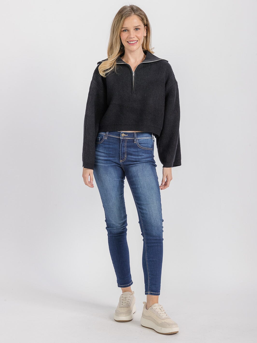 WOMEN'S LONG SLEEVE ZIP UP RIBBED PULLOVER SWEATER