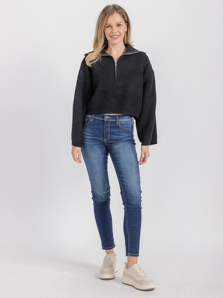 WOMEN'S LONG SLEEVE ZIP UP RIBBED PULLOVER SWEATER