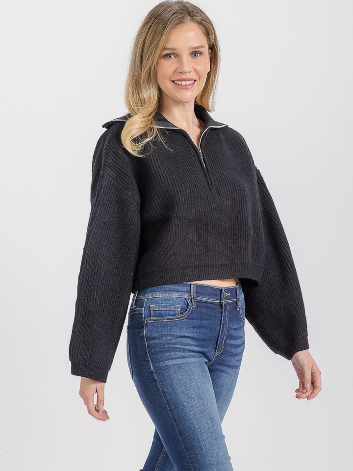 WOMEN'S LONG SLEEVE ZIP UP RIBBED PULLOVER SWEATER