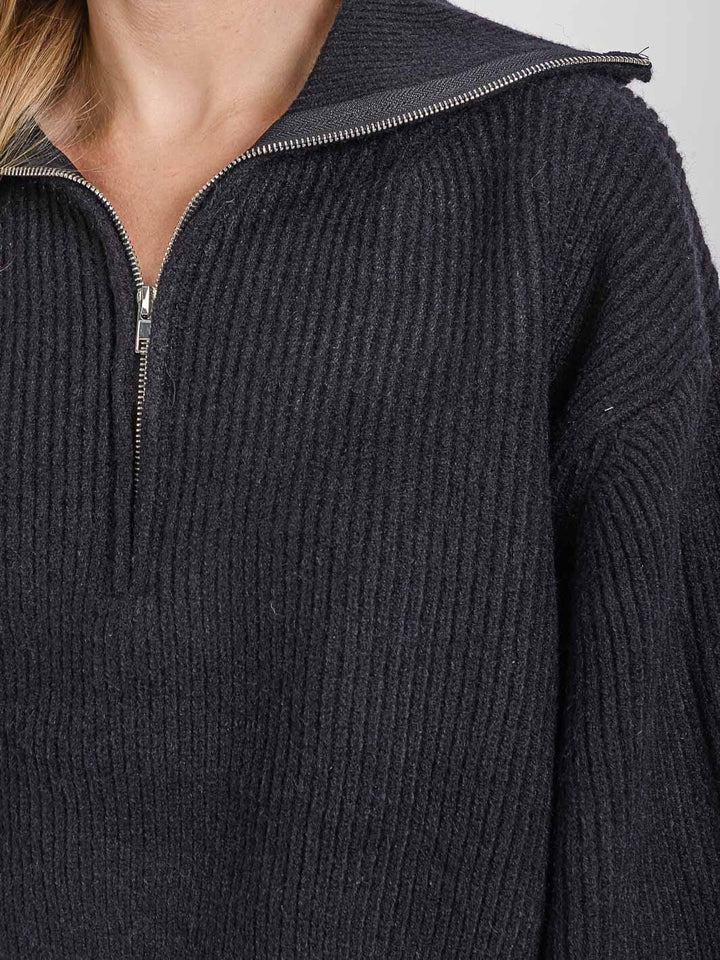 WOMEN'S LONG SLEEVE ZIP UP RIBBED PULLOVER SWEATER