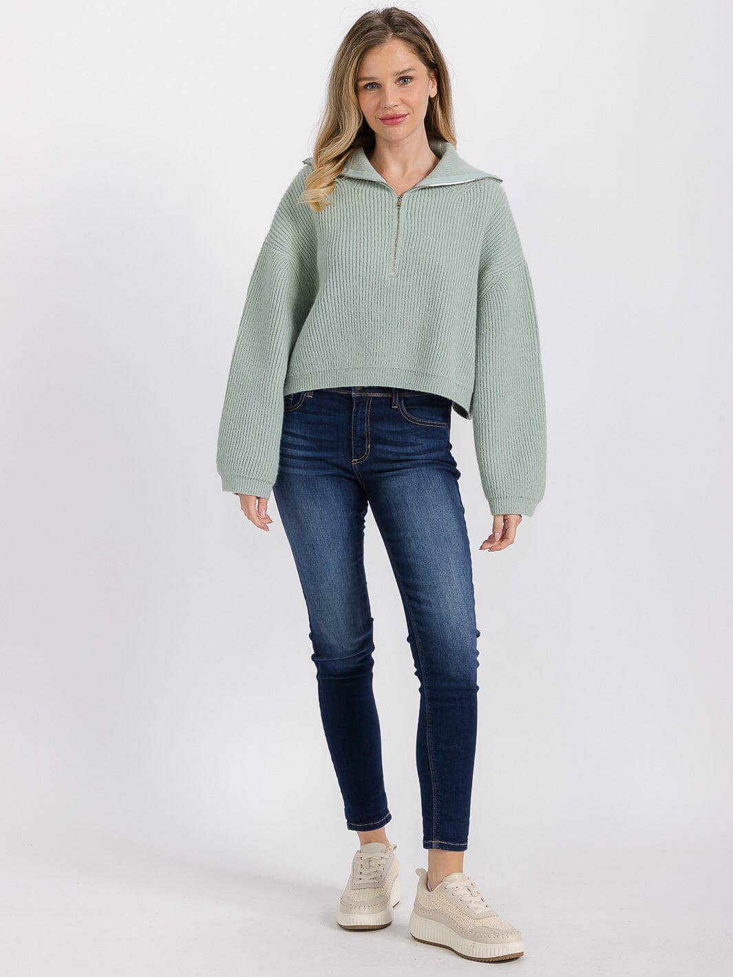 WOMEN'S LONG SLEEVE ZIP UP RIBBED PULLOVER SWEATER