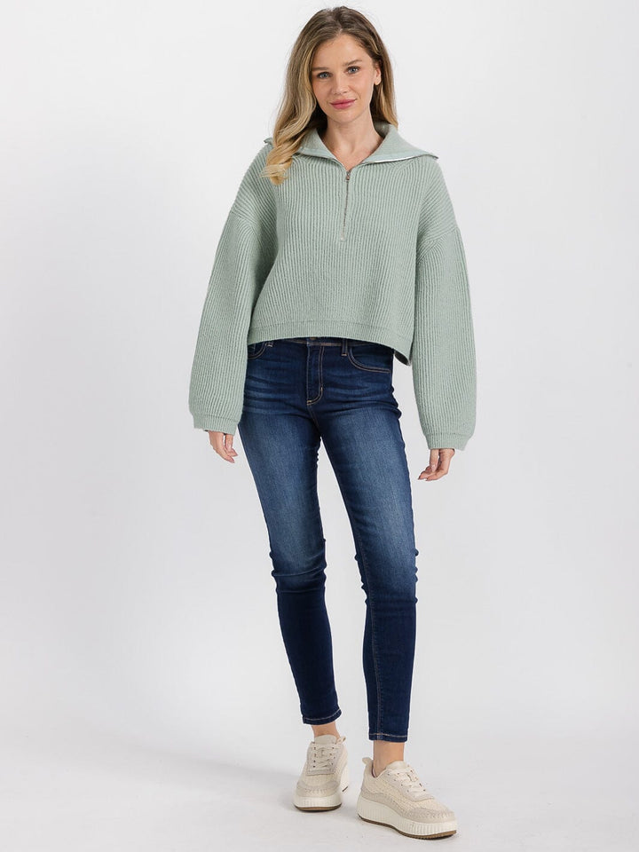 WOMEN'S LONG SLEEVE ZIP UP RIBBED PULLOVER SWEATER