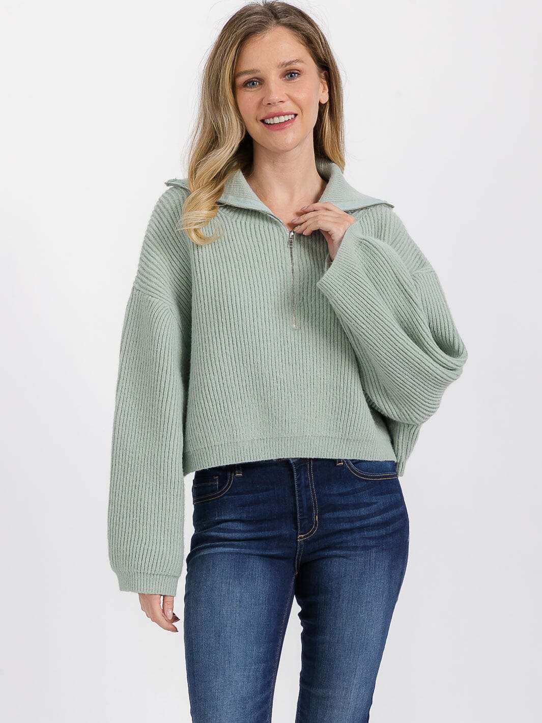 WOMEN'S LONG SLEEVE ZIP UP RIBBED PULLOVER SWEATER