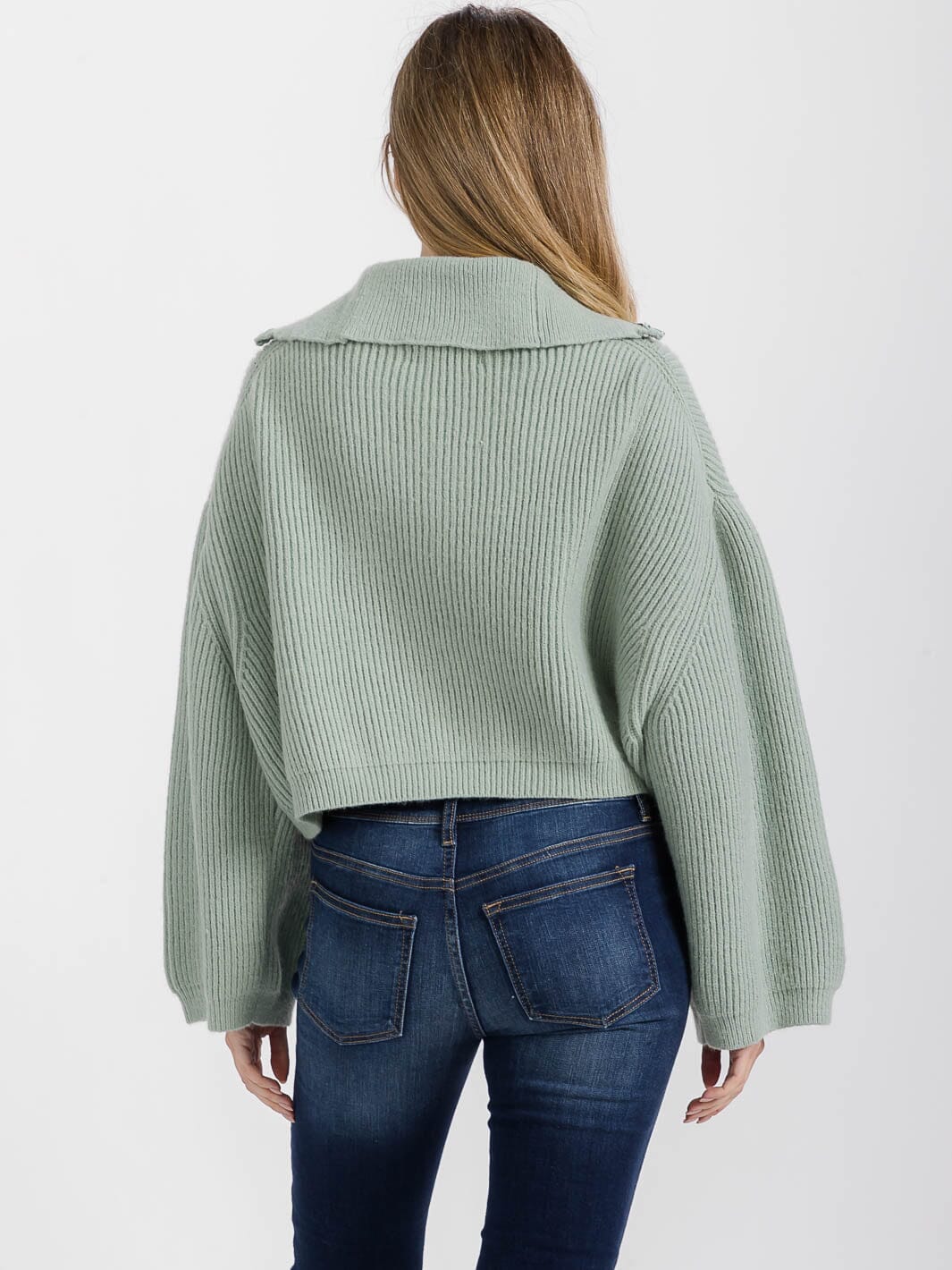 WOMEN'S LONG SLEEVE ZIP UP RIBBED PULLOVER SWEATER