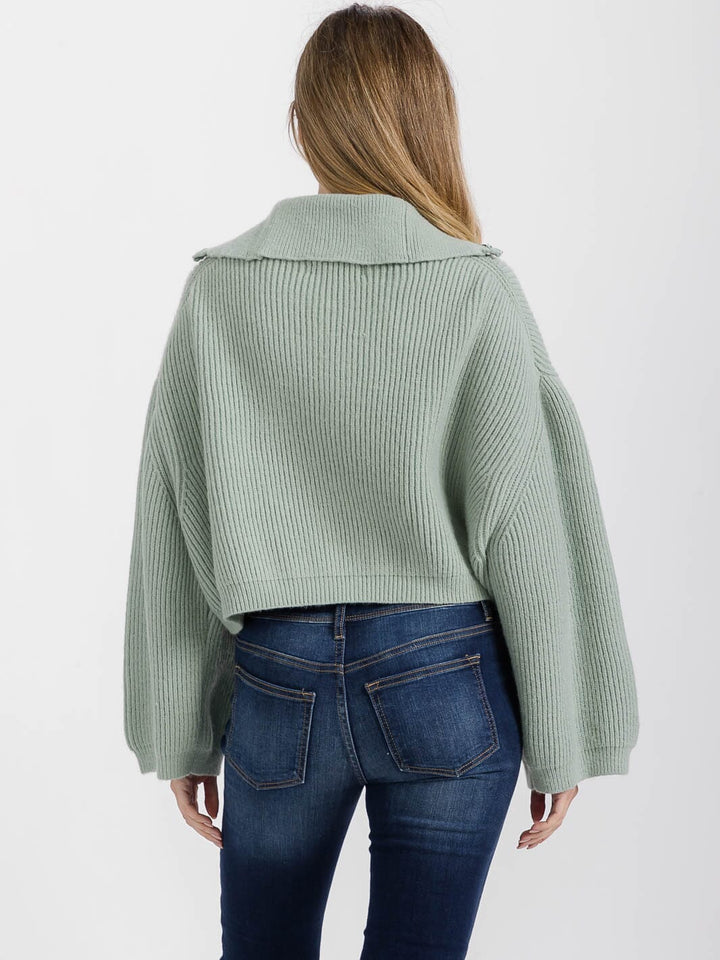 WOMEN'S LONG SLEEVE ZIP UP RIBBED PULLOVER SWEATER