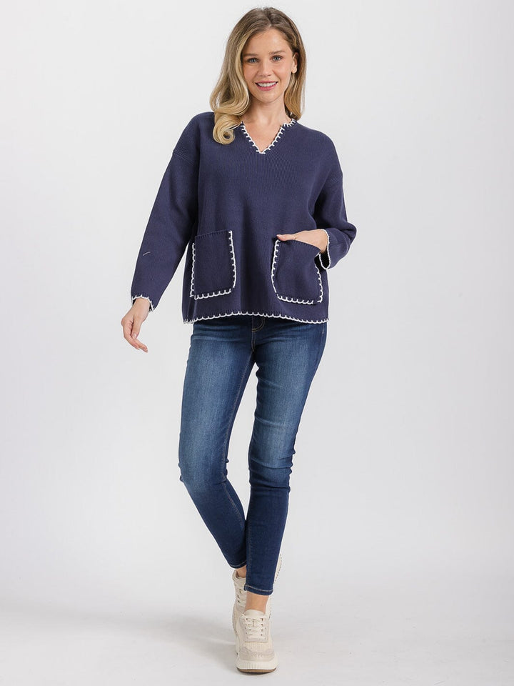 WOMEN'S LONG SLEEVE FRONT POCKETS V-NECK PULLOVER SWEATER